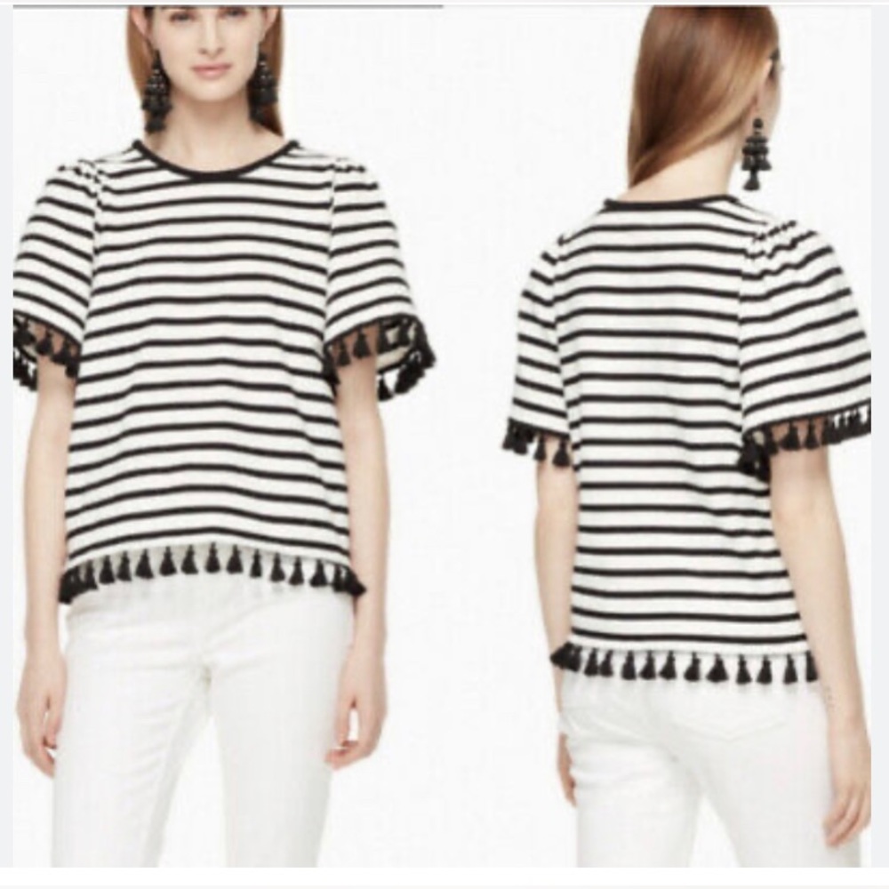 NWOT Kate Spade Broome Street Flutter Sleeve Tassel Stripe Top Black White ♠️